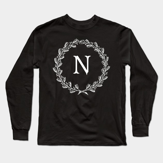 Beautiful Letter N Alphabet Initial Monogram Wreath Long Sleeve T-Shirt by anonopinion